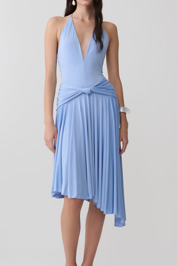 Plunging Halter Asymmetric Pleated Midi Dress