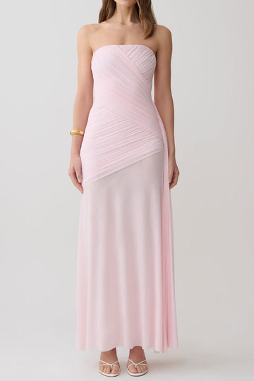 Strapless Ruched Mesh Draped Maxi Dress