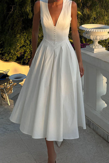 Sleeveless V Neck Cotton Midi Dress