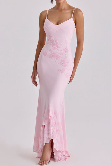 Floral Applique Satin Slip Maxi Dress