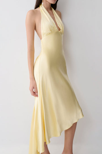 Plunging Halter Asymmetric Satin Midi Dress
