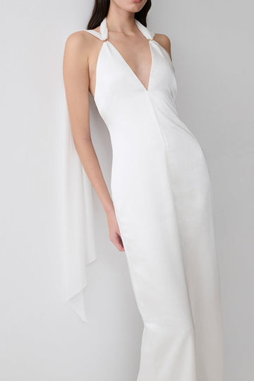 Draped Shoulder Plunging Satin Maxi Dress