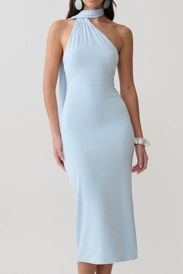 One Shoulder Scarf Tie Midi Dress