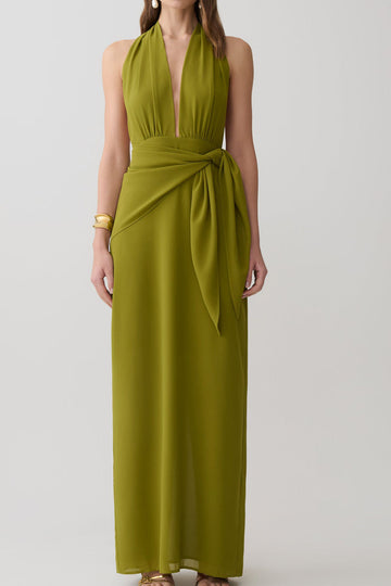 Plunging Halter Ruched Satin Maxi Dress