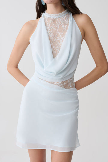 Lace Panel Cowl Halter Mini Dress