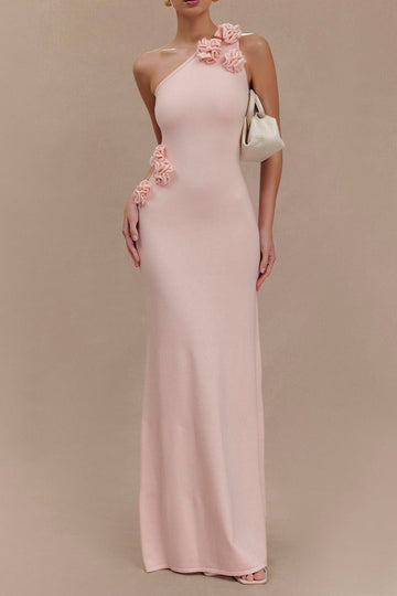 One Shoulder Floral Applique Knit Maxi Dress