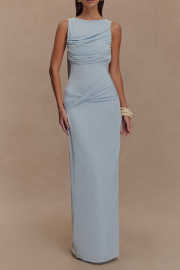 Draped Neck Open Back Slinky Maxi Dress