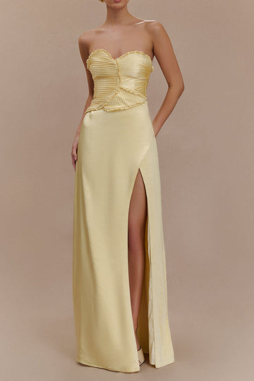 Strapless Gathered Bust Slit Maxi Dress