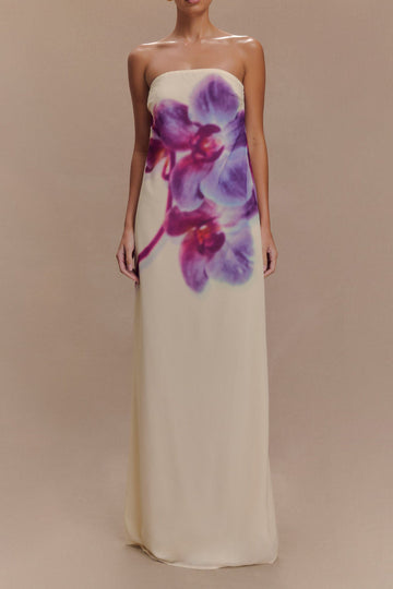 Strapless Orchid Print Chiffon Maxi Dress