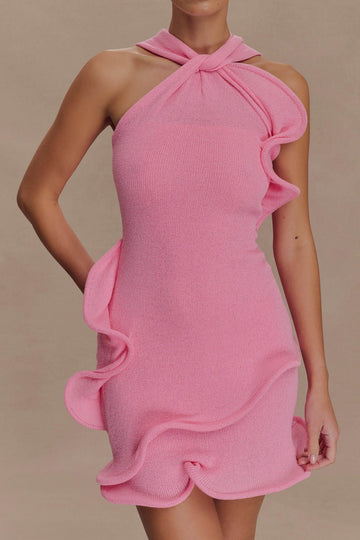 Halter Knit Ruffle Trim Mini Dress
