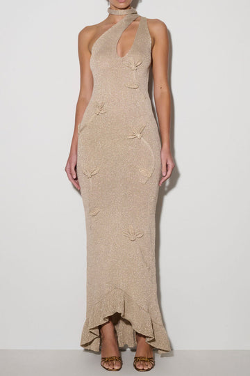 Floral Applique Metallic Knit Maxi Dress