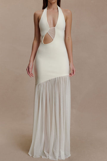 Halter Cutout Mesh Panel Maxi Dress
