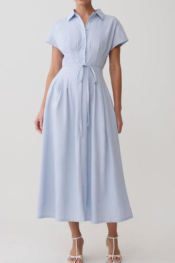 Short Sleeve Buttoned Linen Midi Dress