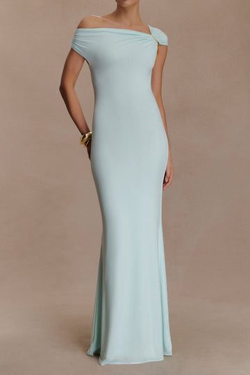 Asymmetric Hardware Shoulder Slinky Maxi Dress