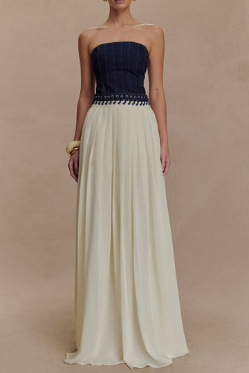 Strapless Denim Corset Chiffon Maxi Dress