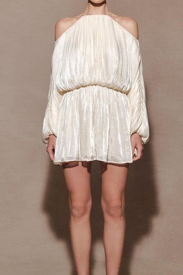 Cold Shoulder Pleated Halter Mini Dress