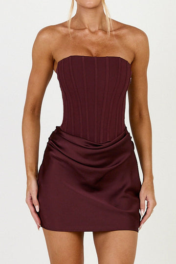 Strapless Corset Draped Satin Mini Dress