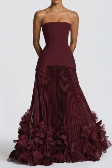 Strapless Corset Floral Pleated Maxi Gown