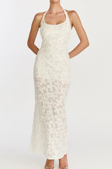 Sequin Lace Halter Sheer Maxi Dress