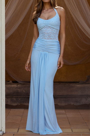 Lace Panel Ruched Halter Maxi Dress
