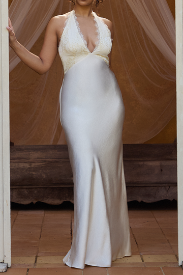 Lace Trim Halter Satin Maxi Dress