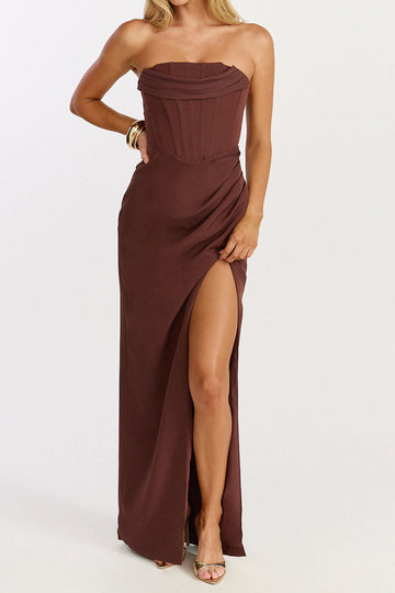 Strapless Corset Draped Slit Maxi Dress