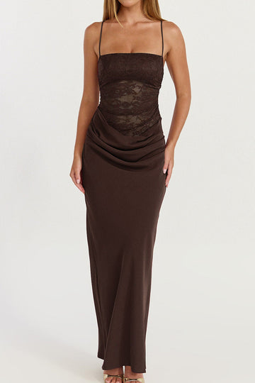 Lace Bodice Draped Satin Maxi Dress