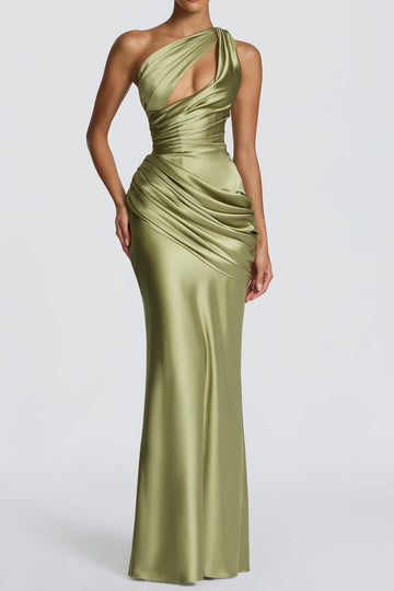 One Shoulder Cutout Draped Satin Maxi Dress