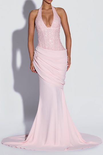 Sequin Halter Draped Mermaid Maxi Gown