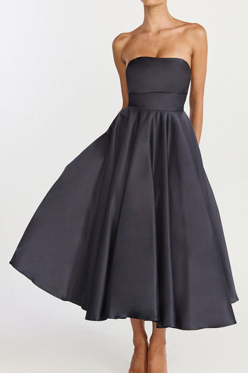 Strapless Satin Full Skirt Midi Dress