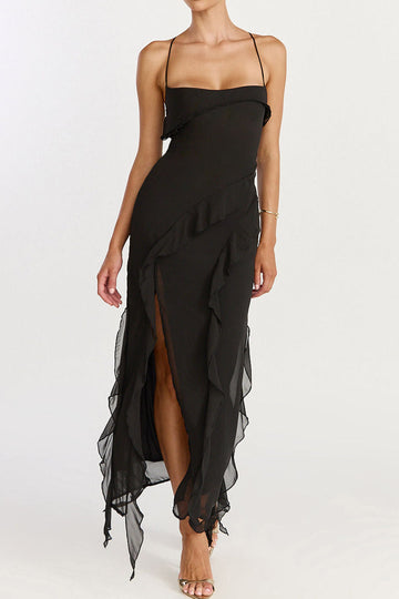 Strappy Ruffle Trim Lace Up Midi Dress