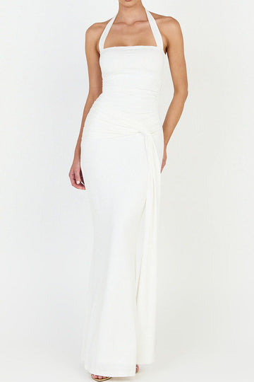 Halter Neck Ruched Slit Maxi Dress