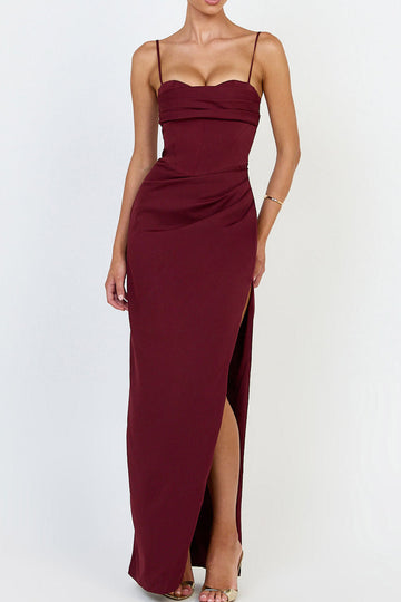 Spaghetti Strap Draped Slit Maxi Dress