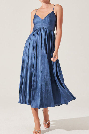 Ruched Bust Pleated Satin Midi Dress