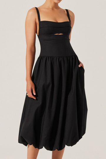 Square Neck Bubble Hem Midi Dress