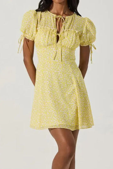 Puff Sleeve Tie Front Floral Mini Dress