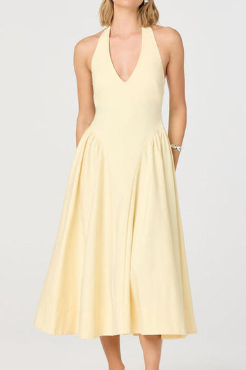 Deep V Halter A-Line Midi Dress