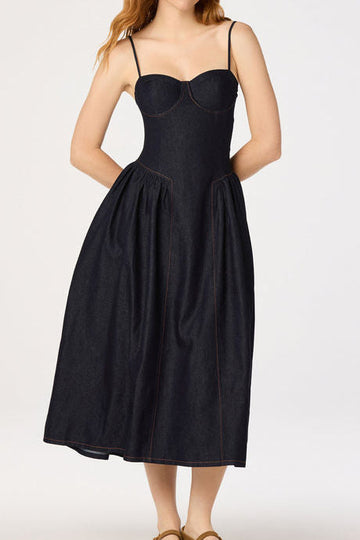 Sweetheart Bustier Denim A-Line Midi Dress
