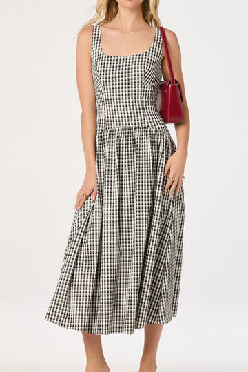 Square Neck Gingham A-Line Midi Dress