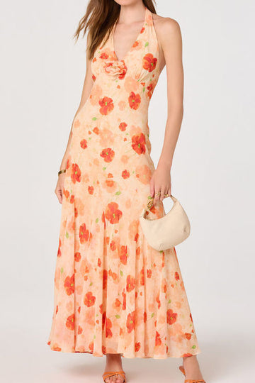 Floral Halter Twist Front Chiffon Maxi Dress
