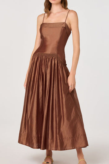 Smocked Drop Waist Satin Maxi Dress
