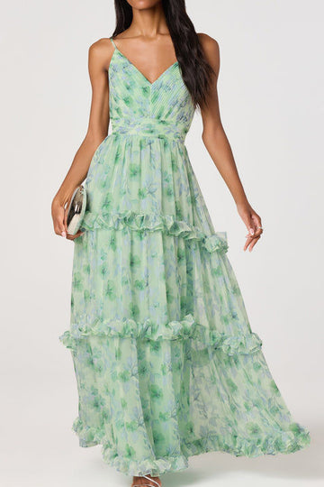 Floral Pleated Tiered Chiffon Maxi Dress