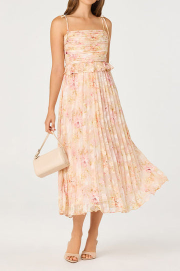 Tie Strap Pleated Floral Chiffon Midi Dress