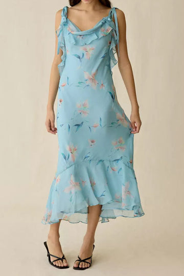 Cowl Neck Floral Ruffle Strap Midi Dress