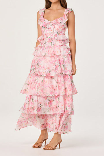 Ruffle Strap Floral Tiered Chiffon Maxi Dress