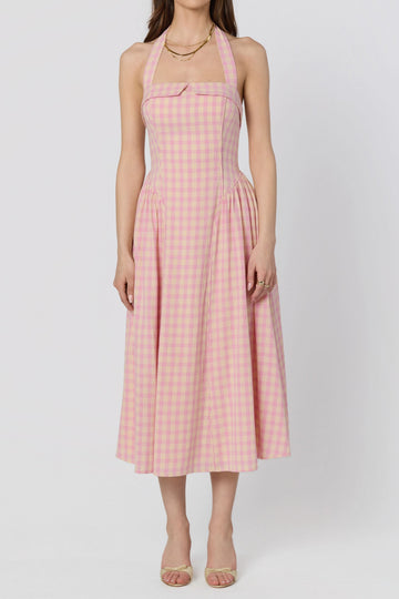 Gingham Halter Smocked A-Line Midi Dress