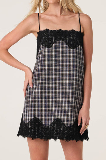 Plaid Lace Trim Slip Mini Dress