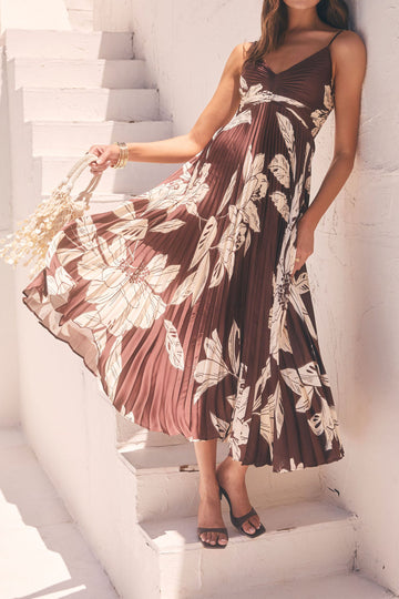 Pleated Satin Floral V-Neck Maxi Dress