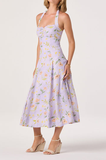 Halter Floral Button Front Midi Dress