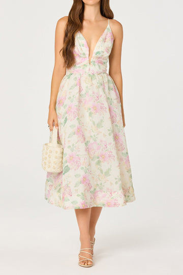 Plunge Neck Floral A-Line Midi Dress
